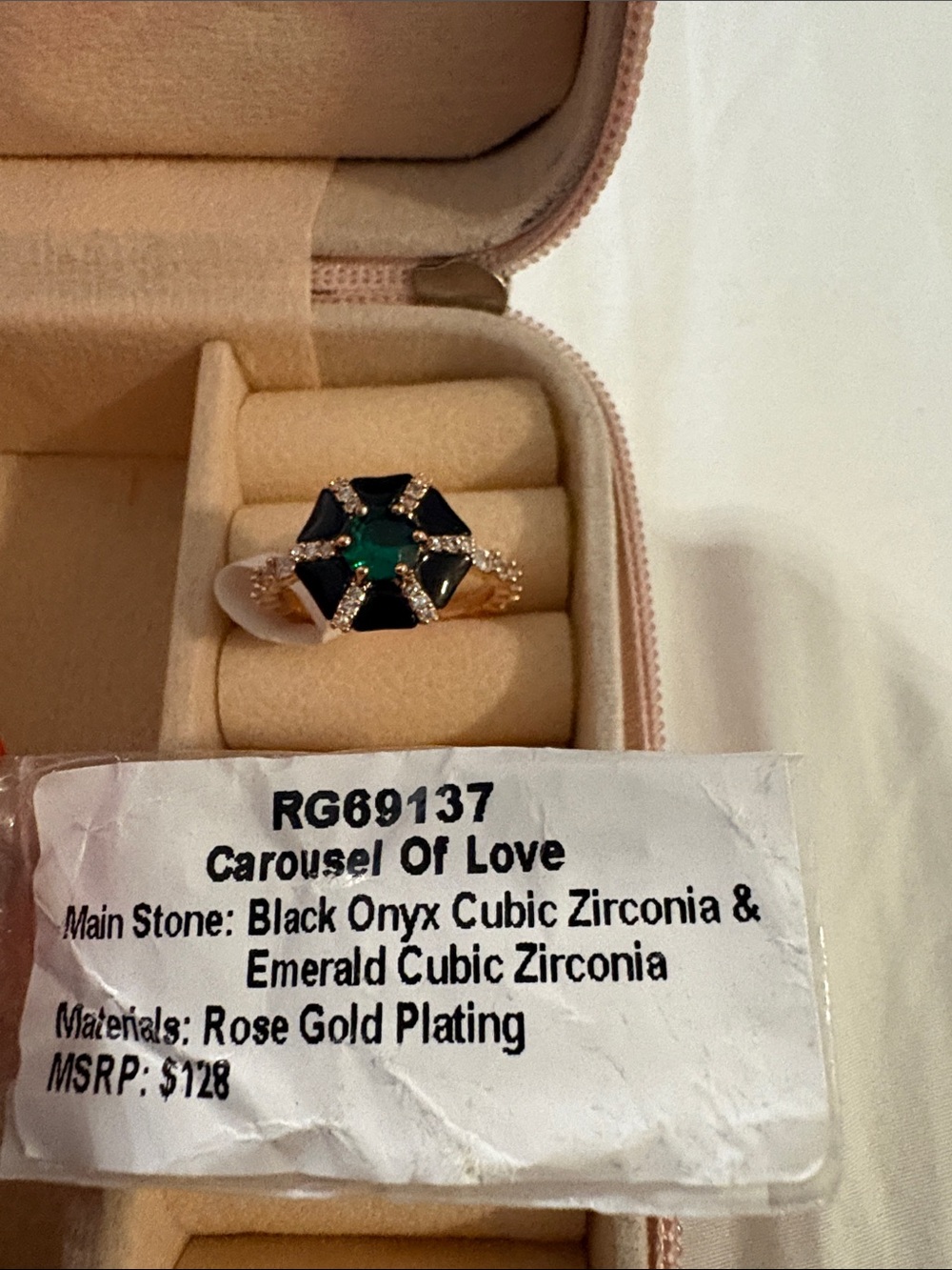 Carousel of Love Rose Gold Ring with Black Onyx and Emerald Stones